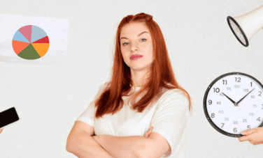 Student overwhelmed by a pie chart, phone, megaphone, and clock, representing the struggle with time management – Time management tips for students
