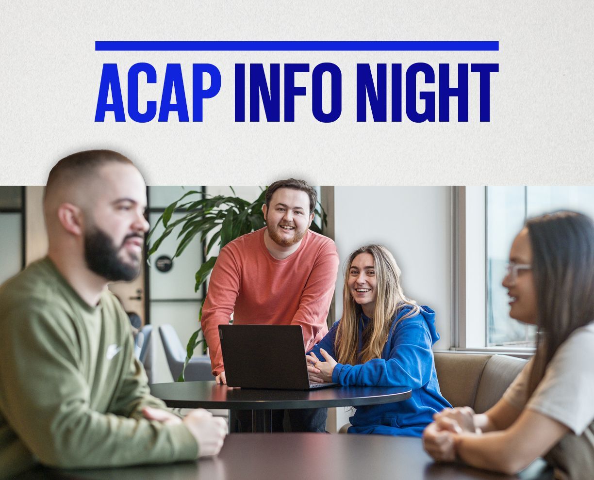 Info Night graphic - A man and woman sitting across from each other at a table in the foreground, with a man (standing) and woman (sitting) in front of a laptop in the background
