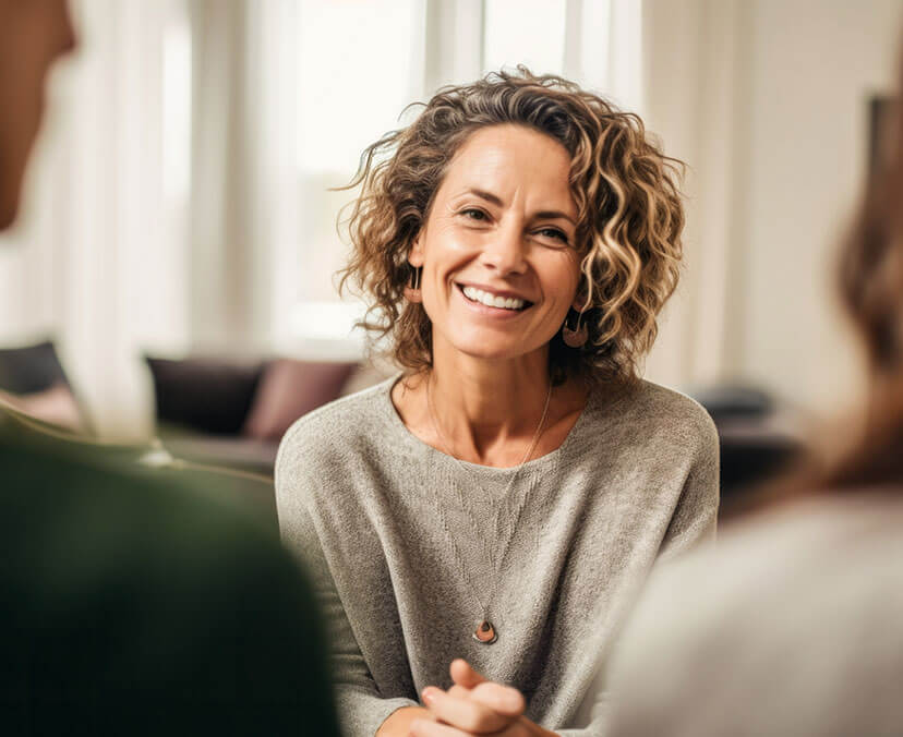 Smiling woman sitting in a therapy session, facing towards camera