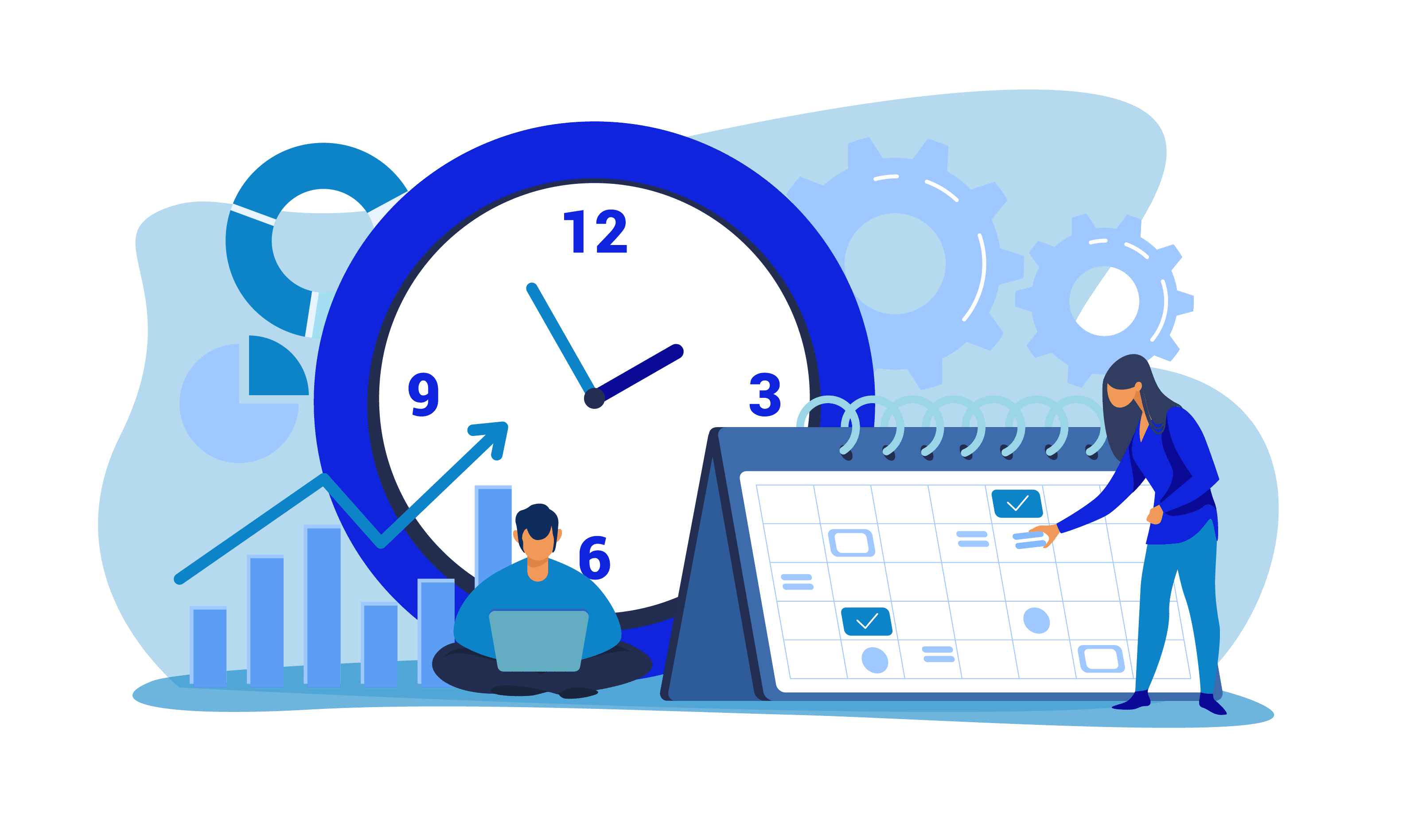 Illustration of people with a calendar and clock