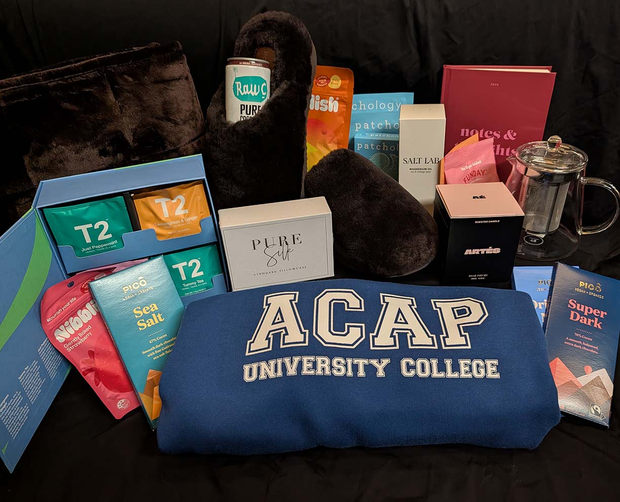 ACAP wellness pack prize for Open Day, featuring an Oodie weighted blanket, Adairs silk pillowcase, ACAP hoodie, T2 tea and Hommey slippers.